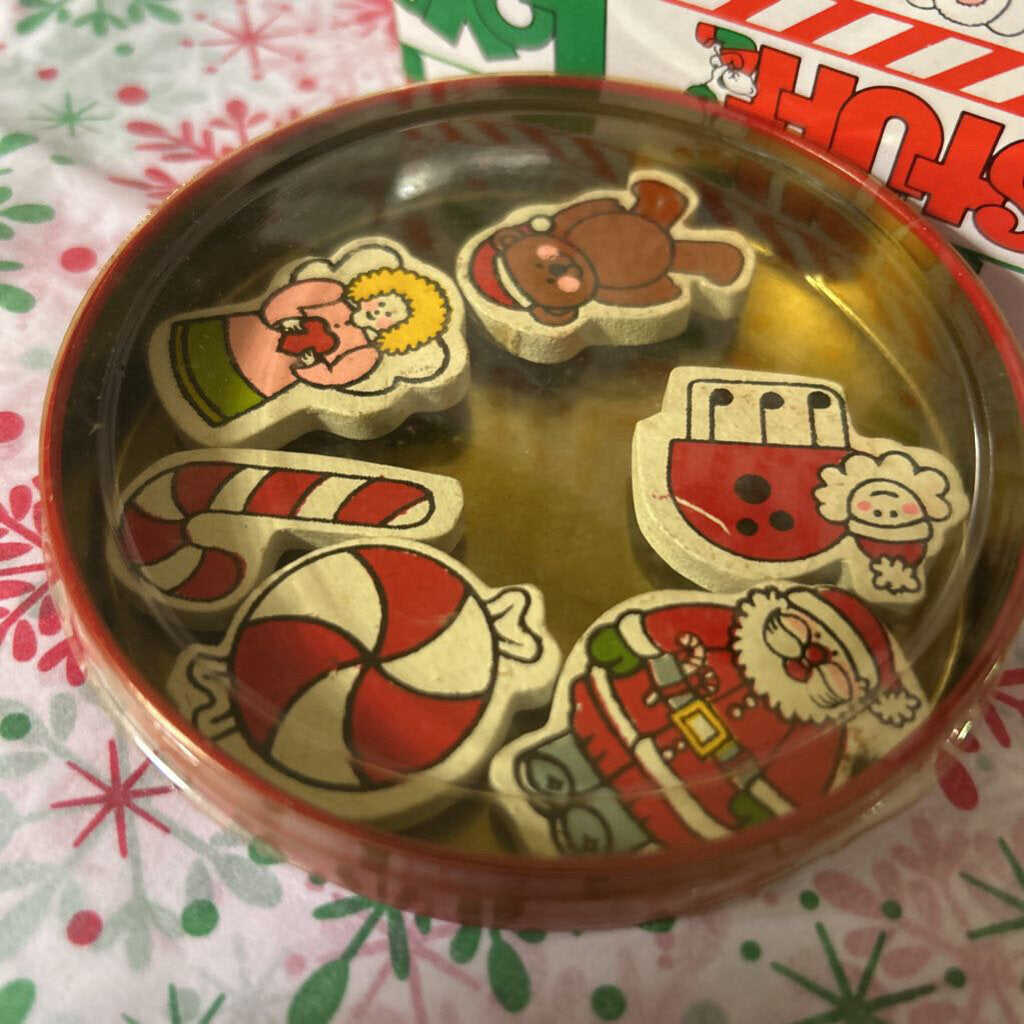 Vintage Enesco "Christmas Stuff" series, Christmas magnets with Tin and original box.