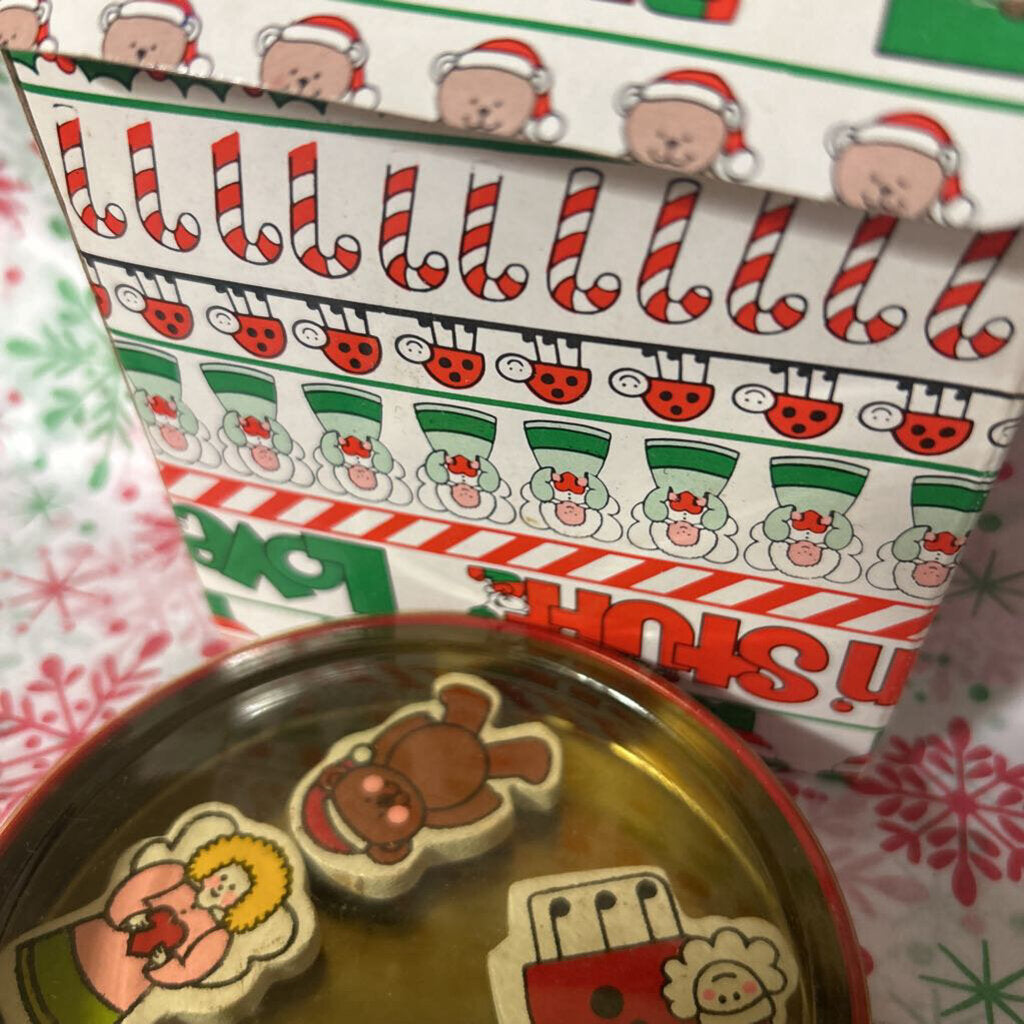 Vintage Enesco "Christmas Stuff" series, Christmas magnets with Tin and original box.