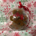 Vintage plastic globe Christmas ornament, teddy bear with red ribbon.