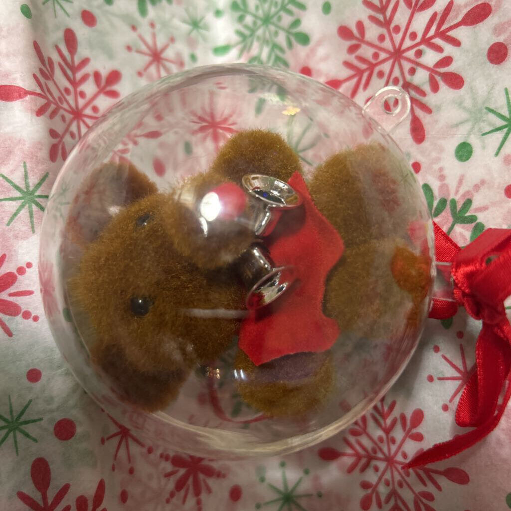 Vintage plastic globe Christmas ornament, teddy bear with red ribbon.