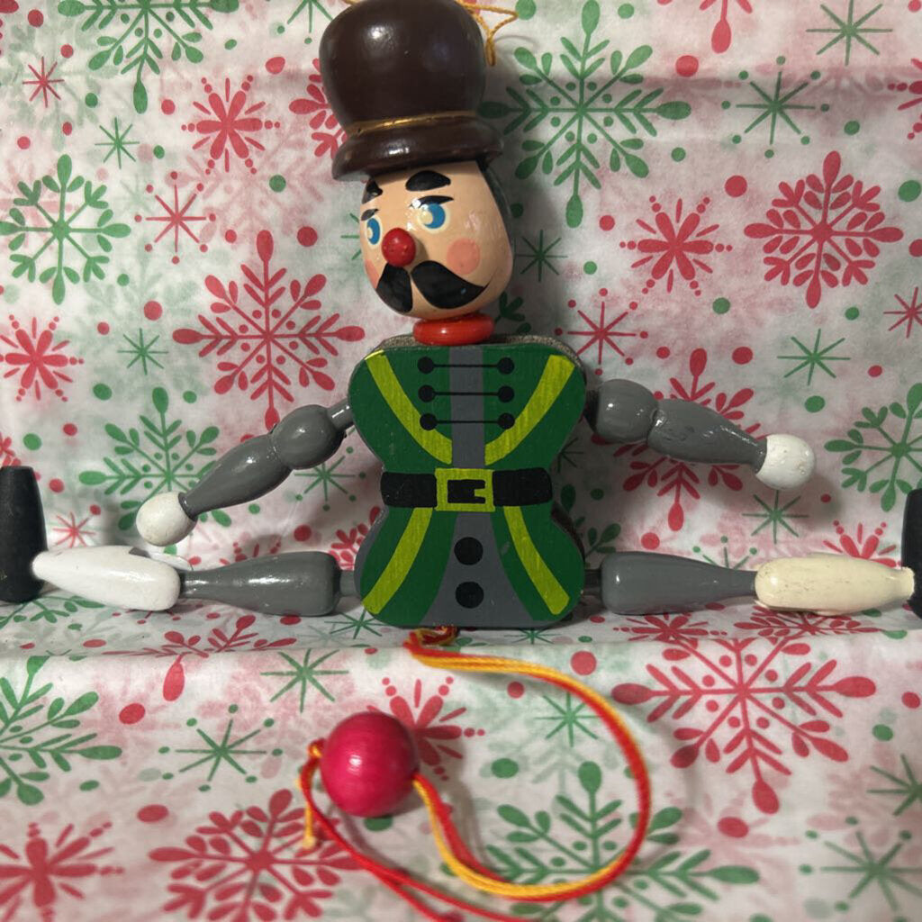 Vintage Wooden Pull-string Jumping Jack Christmas Ornament.