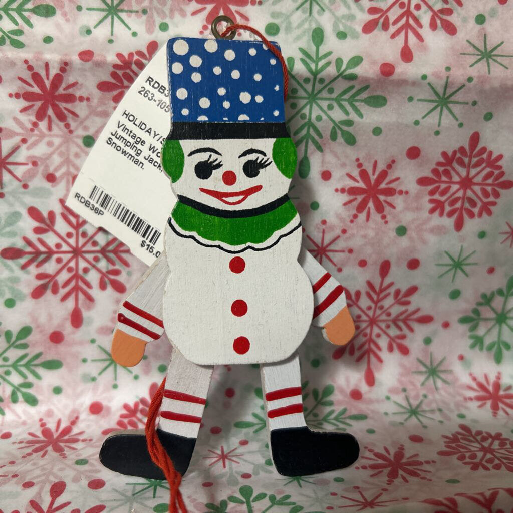 Vintage Wooden Jumping Jack, Pull-String. Snowman.