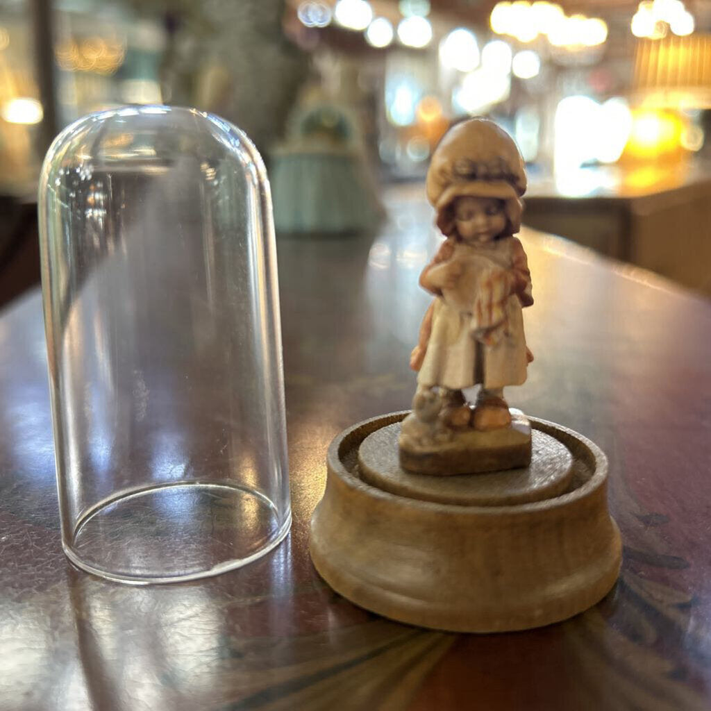 Anri Woodcarving Miniature Figurine/Glass Dome, Hand-carved, Hand-Painted. Italy.