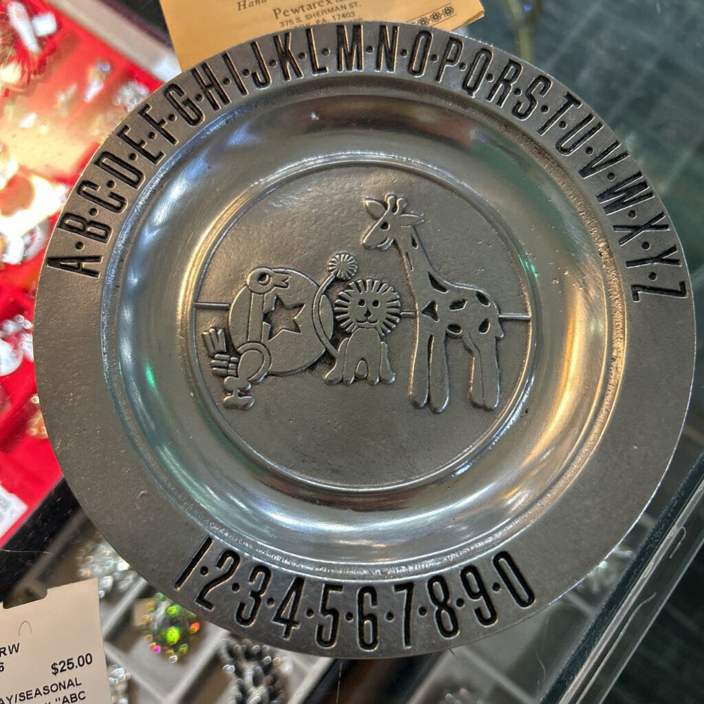 1970s Pewtarex "ABC Alphabet & Number" Children's Plate, Handcrafter by Olde Country, Colonial York.