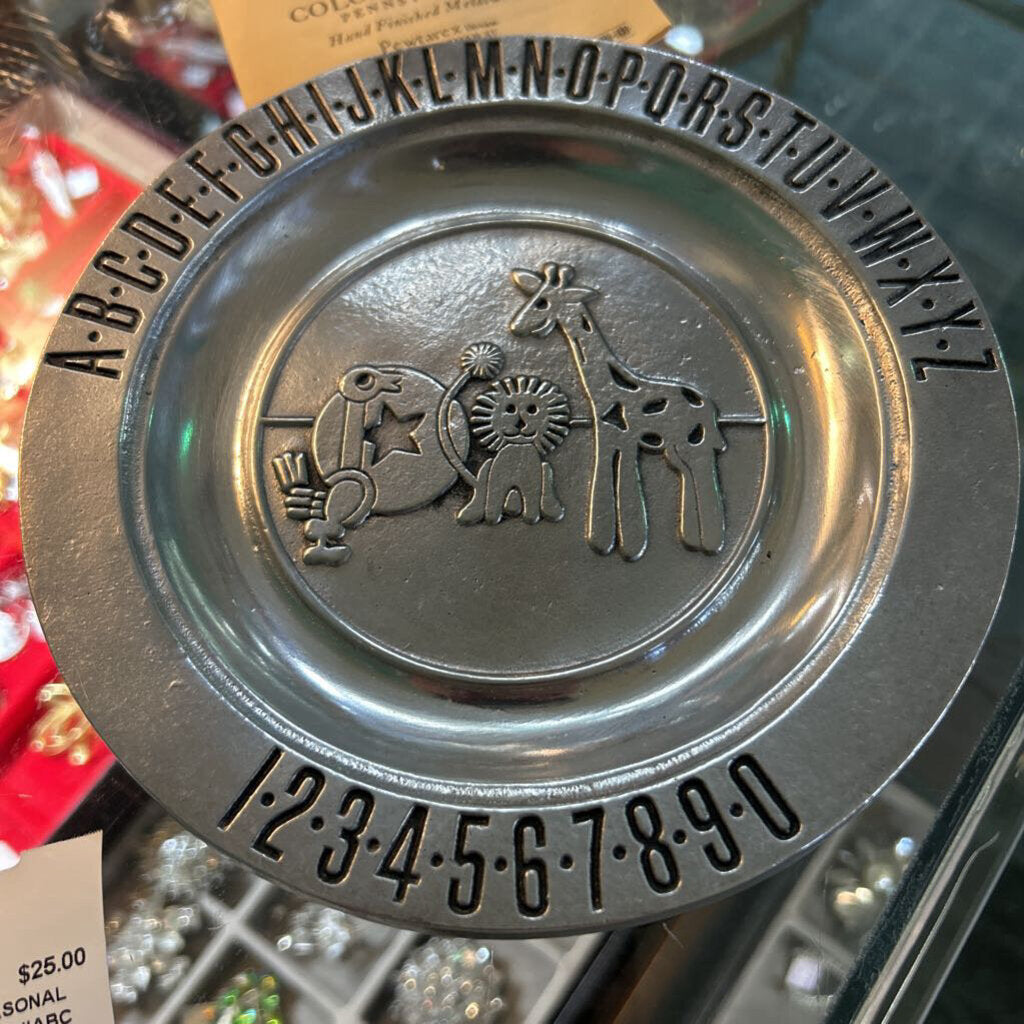 1970s Pewtarex "ABC Alphabet & Number" Children's Plate, Handcrafter by Olde Country, Colonial York.