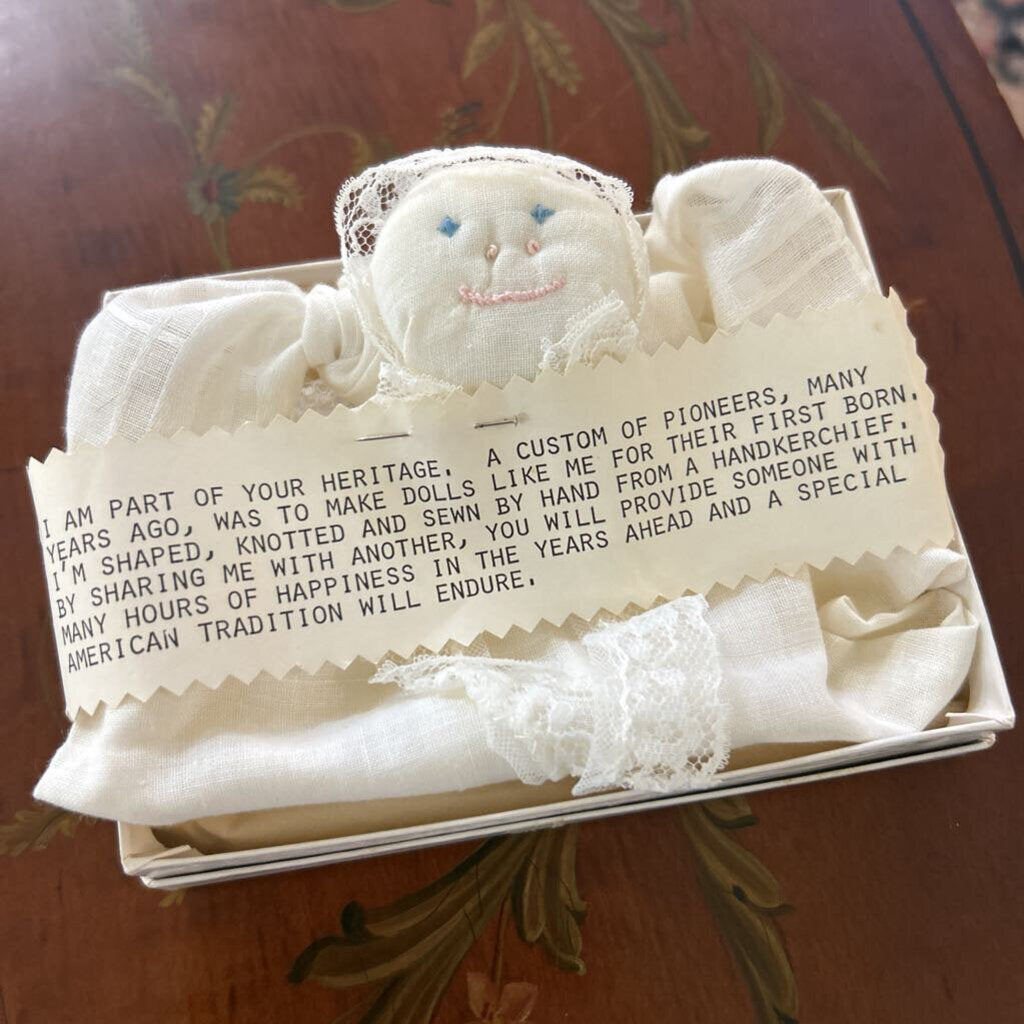 Vintage Handkerchief Doll, Lace Borders, Embroidered face. (as is)