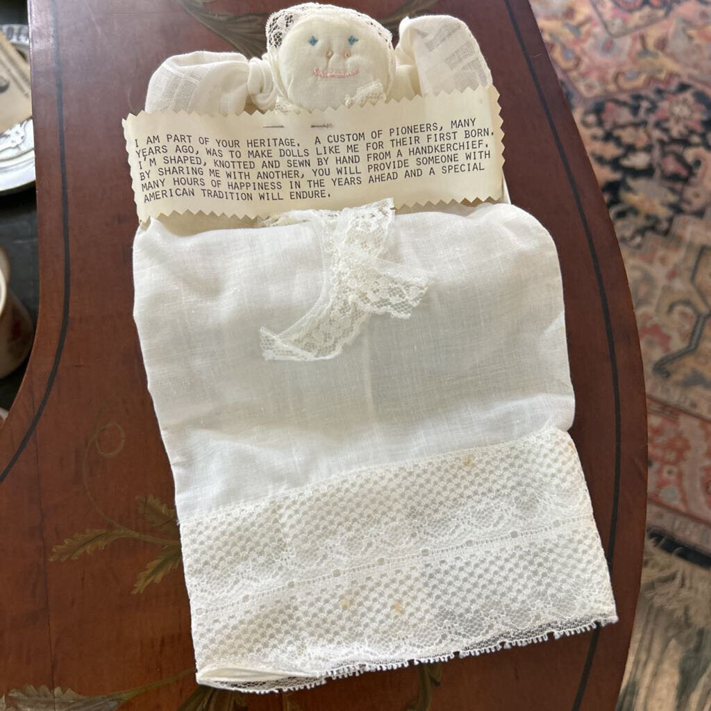 Vintage Handkerchief Doll, Lace Borders, Embroidered face. (as is)