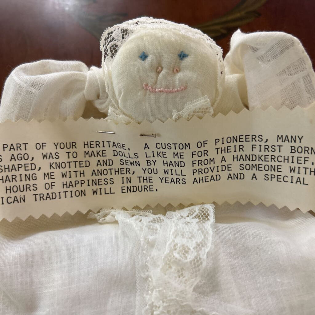 Vintage Handkerchief Doll, Lace Borders, Embroidered face. (as is)