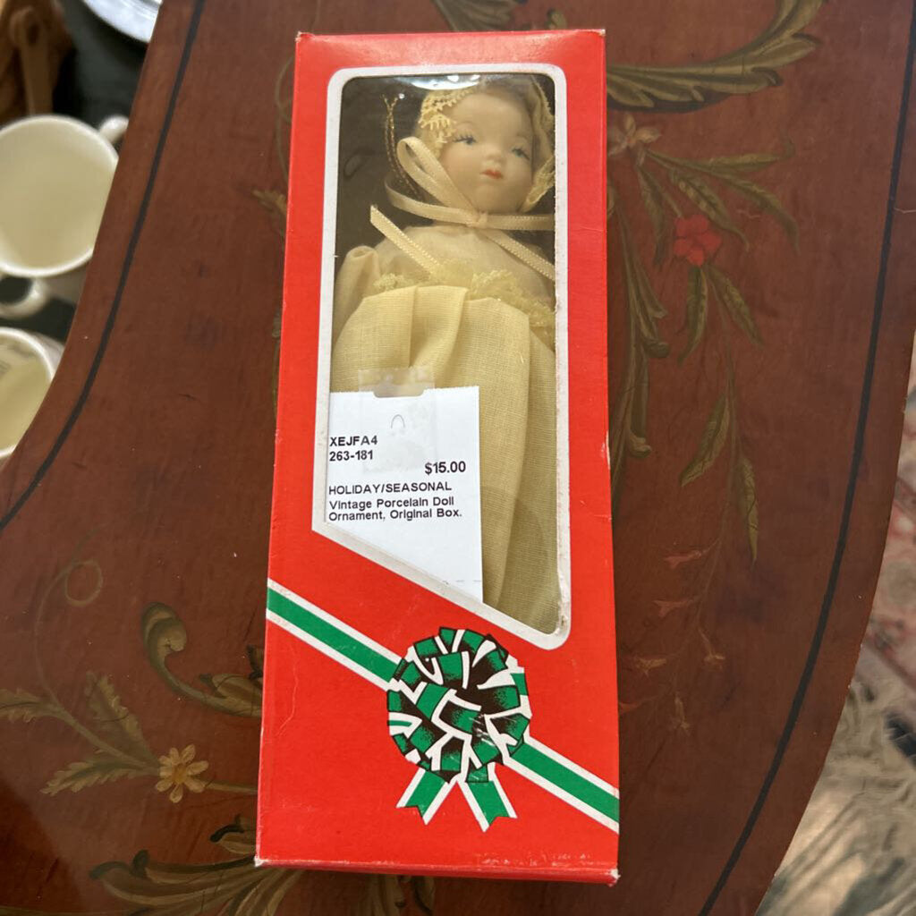 Vintage Porcelain Doll Ornament, Original Box.