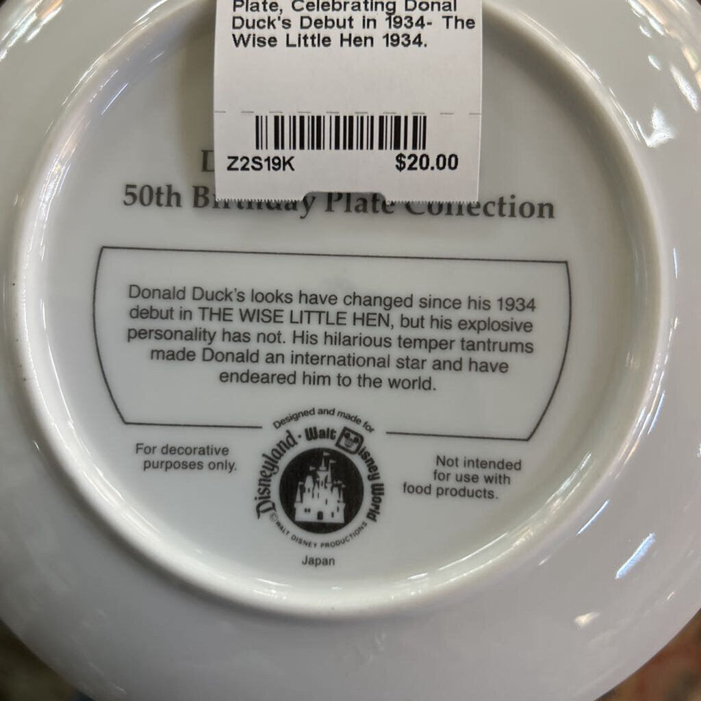 Disney 50th Birthday Plate, Celebrating Donal Duck's Debut in 1934- The Wise Little Hen 1934.