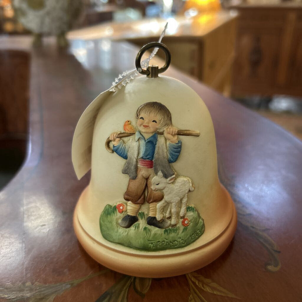 Vintage Rouge Swiss Music Bell, H.Painted, Shepard Boy with Lamb, Silent night.