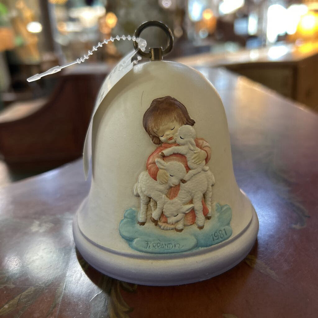 Vintage Rouge Swiss Music Bell, H.Painted, Girl with Lamb, Hark the Herald Angels Sing 1981.