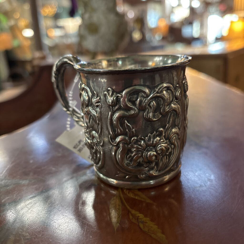 Sterling repousse baby cup; floral cartouches