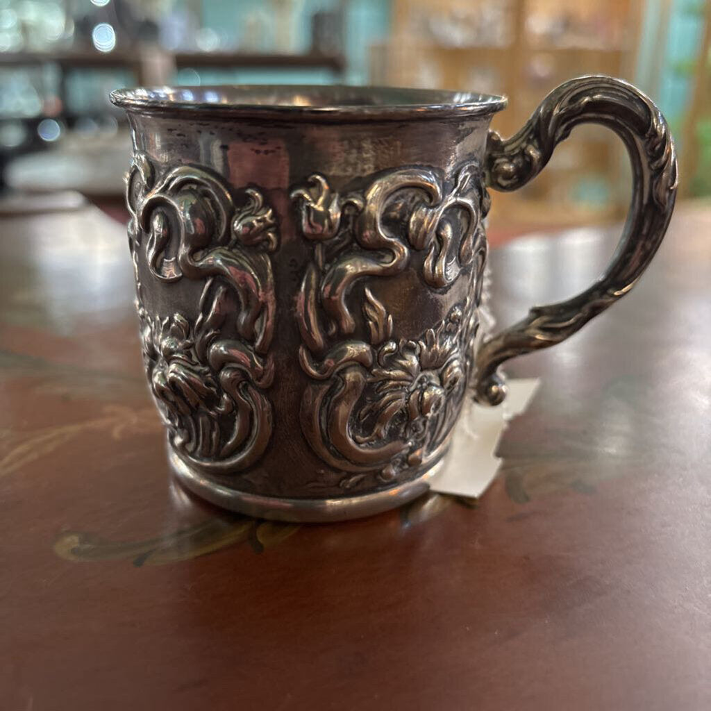 Sterling repousse baby cup; floral cartouches