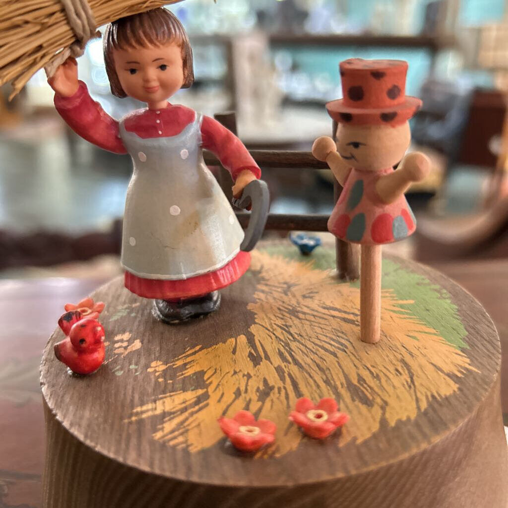 Vintage ANRI Swiss music boc, Hand-Painted wooden figurine, Girl/Scarecrow.