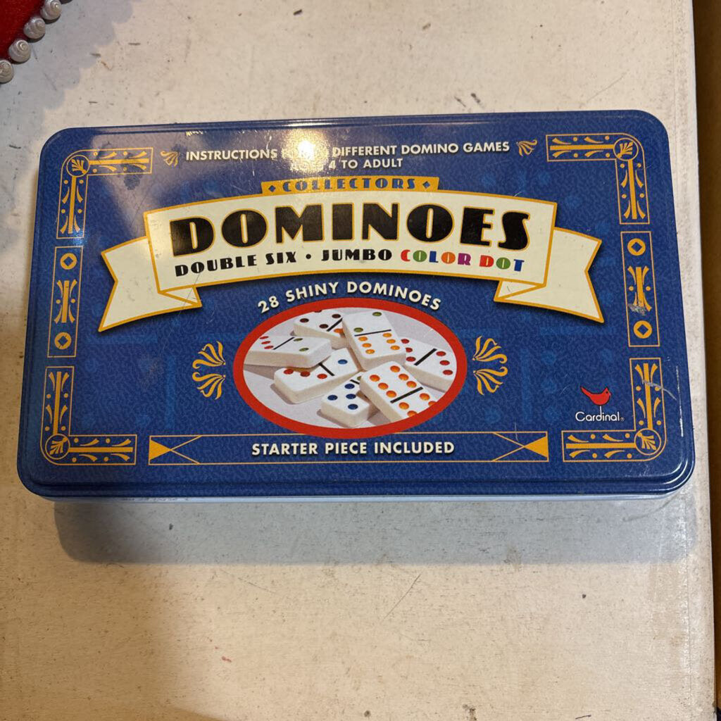 Vintage Dominoes- Collectors DoubleSix Jumbo Color Dot in storage tin