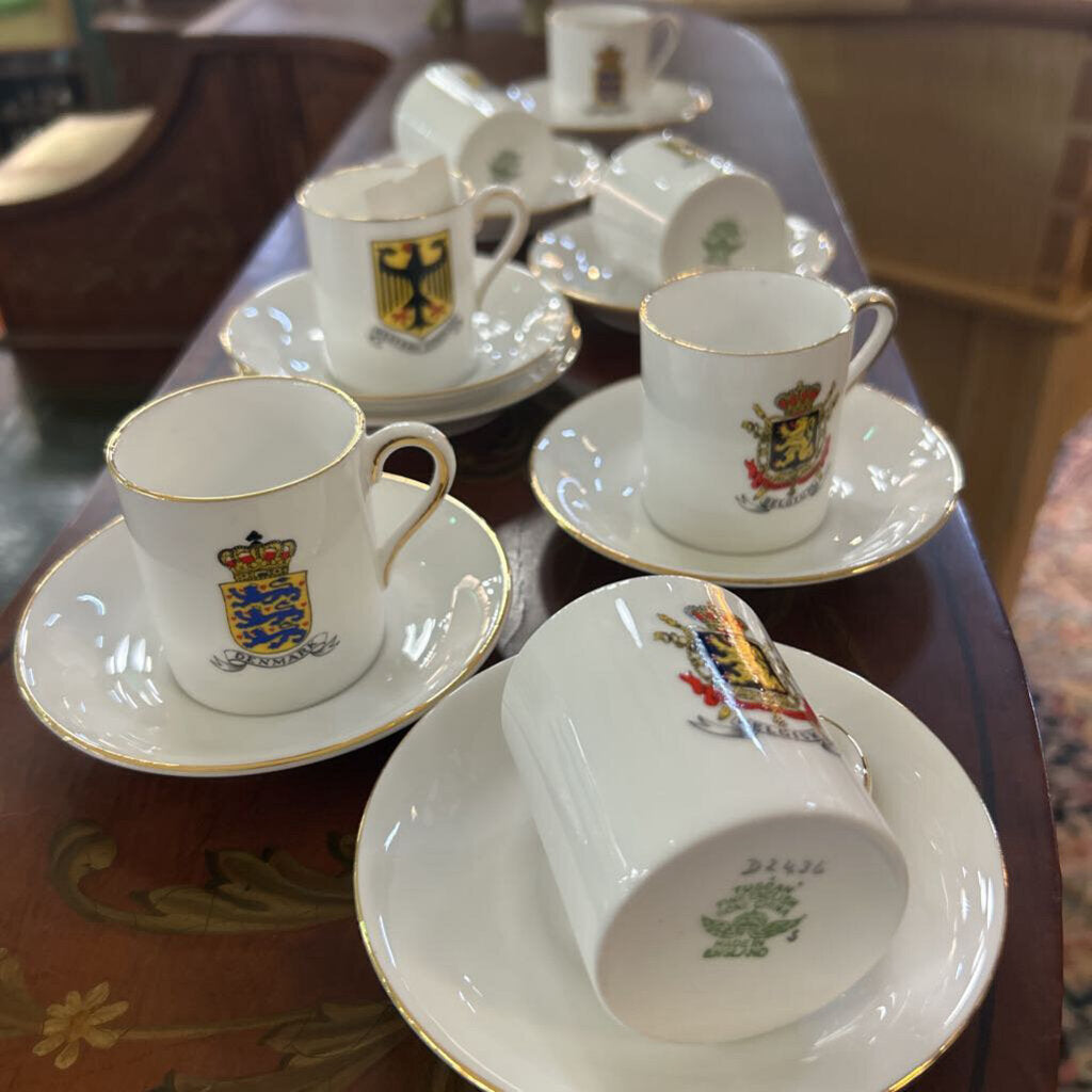 Tuscan Fine English Bone China Espresso Demitasse Cup Saucer, Set 7, 1 extra Saucer. German Coat of Arms.