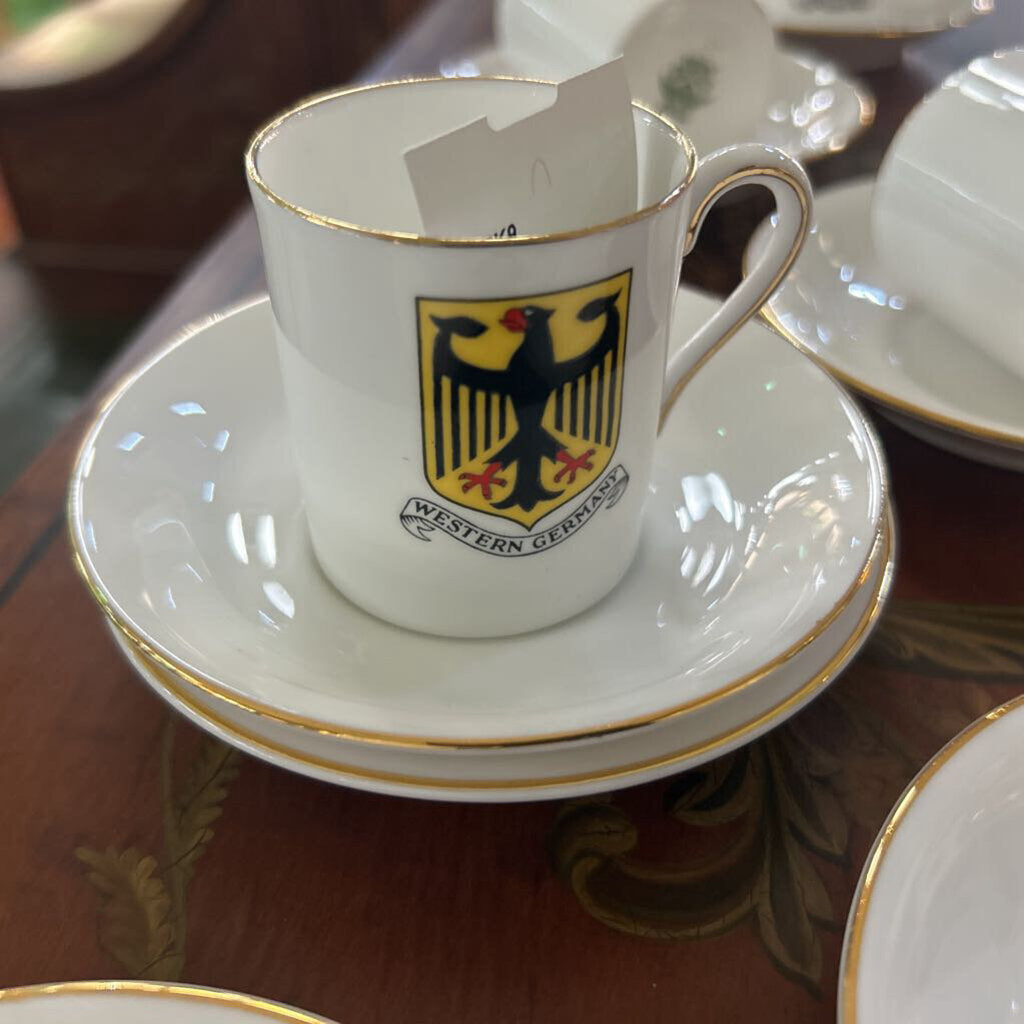 Tuscan Fine English Bone China Espresso Demitasse Cup Saucer, Set 7, 1 extra Saucer. German Coat of Arms.