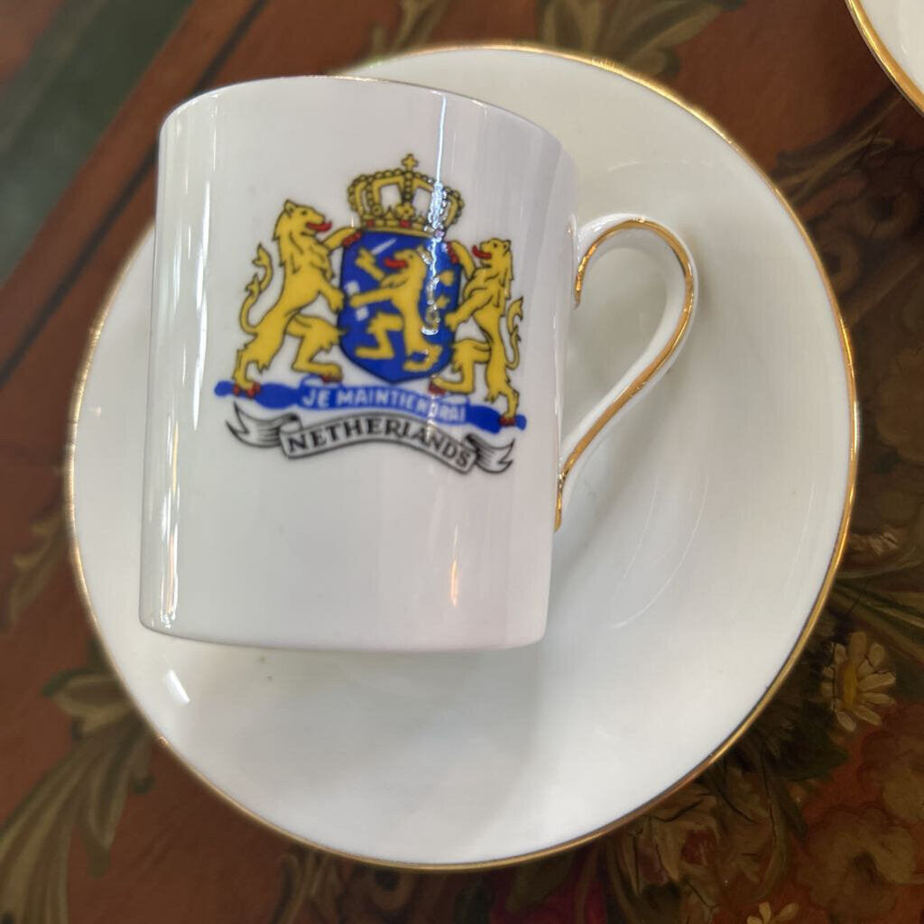 Tuscan Fine English Bone China Espresso Demitasse Cup Saucer, Set 7, 1 extra Saucer. German Coat of Arms.