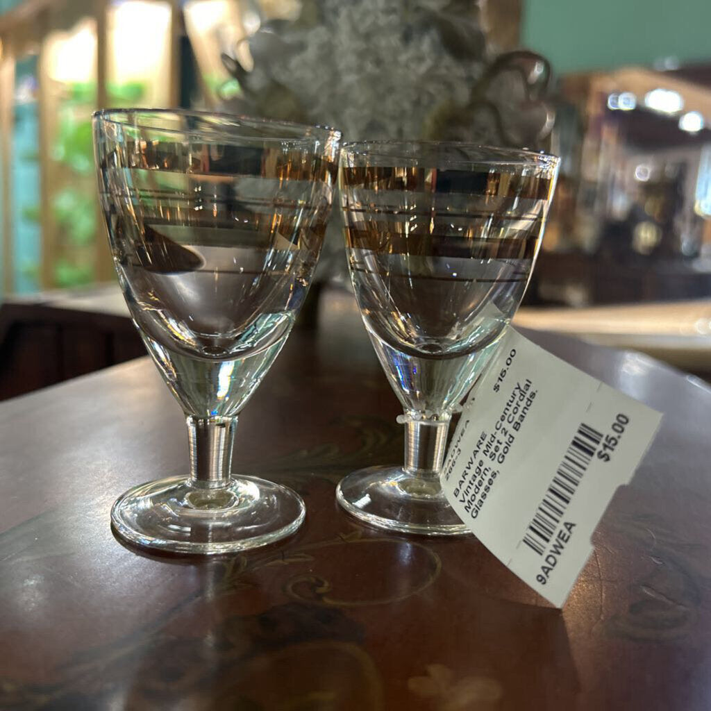 Vintage Mid-Century Modern, Set 2 Cordial Glasses, Gold Bands.