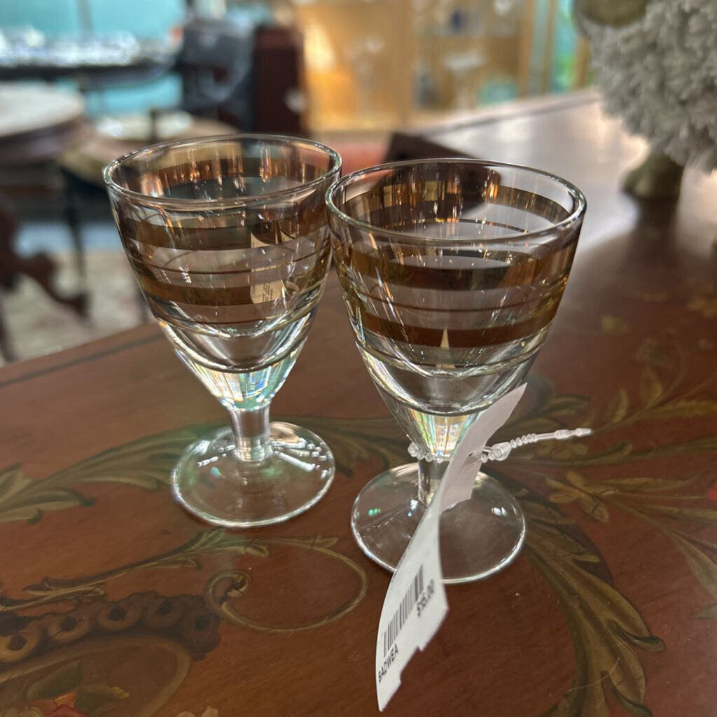 Vintage Mid-Century Modern, Set 2 Cordial Glasses, Gold Bands.