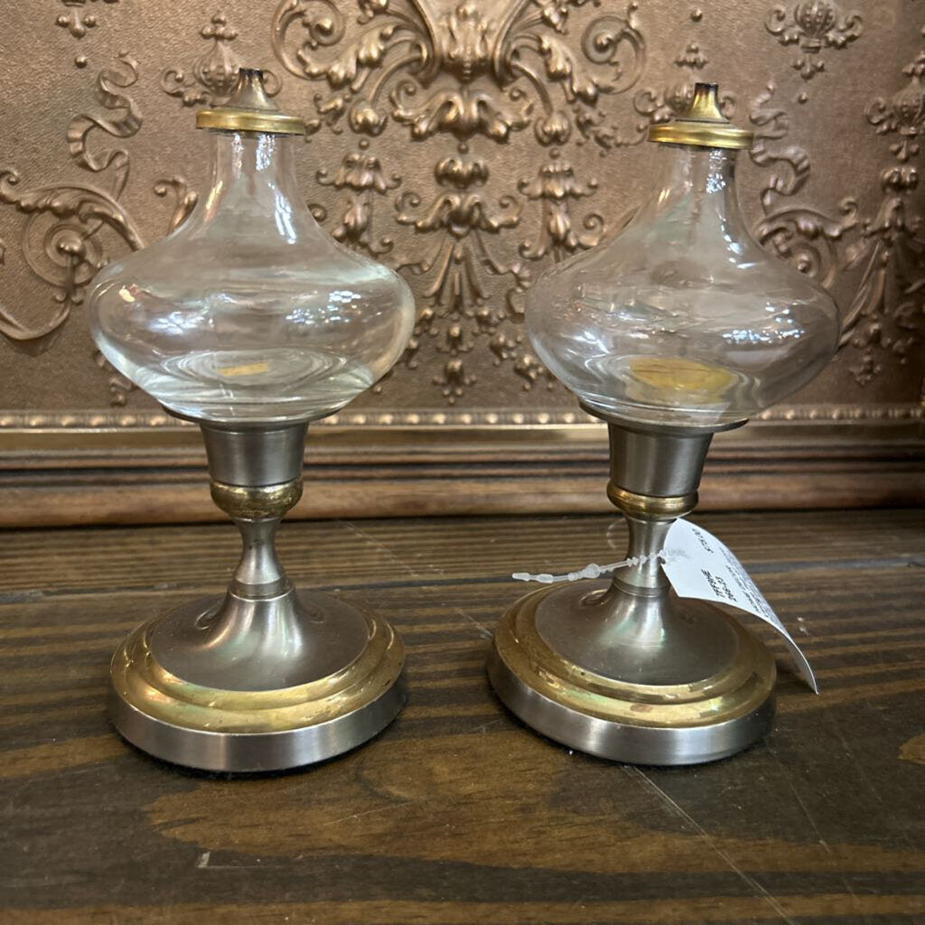 Vintage Pair of Gatco Solid Brass Hurricane Candle Lamps/Oil Lamps, Made in India. c.1970s