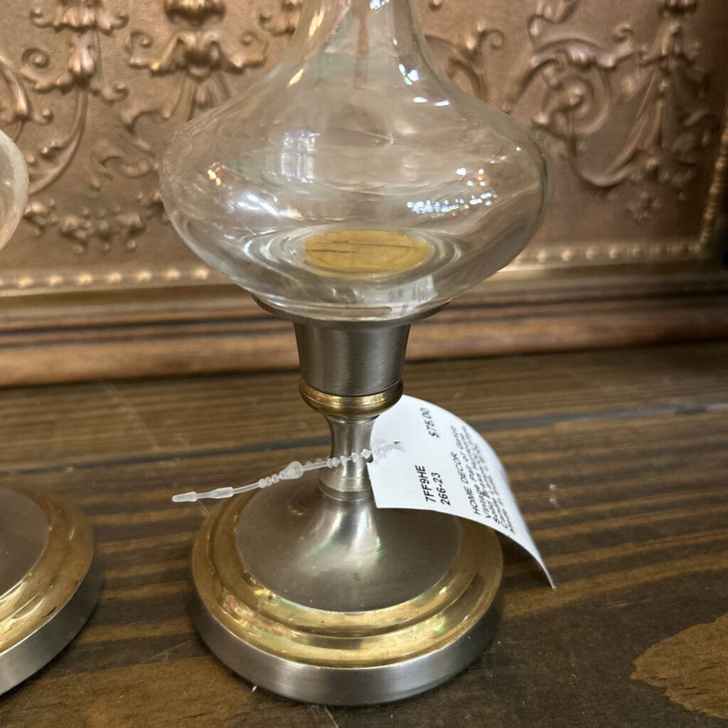 Vintage Pair of Gatco Solid Brass Hurricane Candle Lamps/Oil Lamps, Made in India. c.1970s