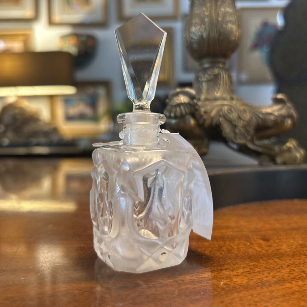 Vintage Frosted Floral Glass Perfume Bottle with Stopper.