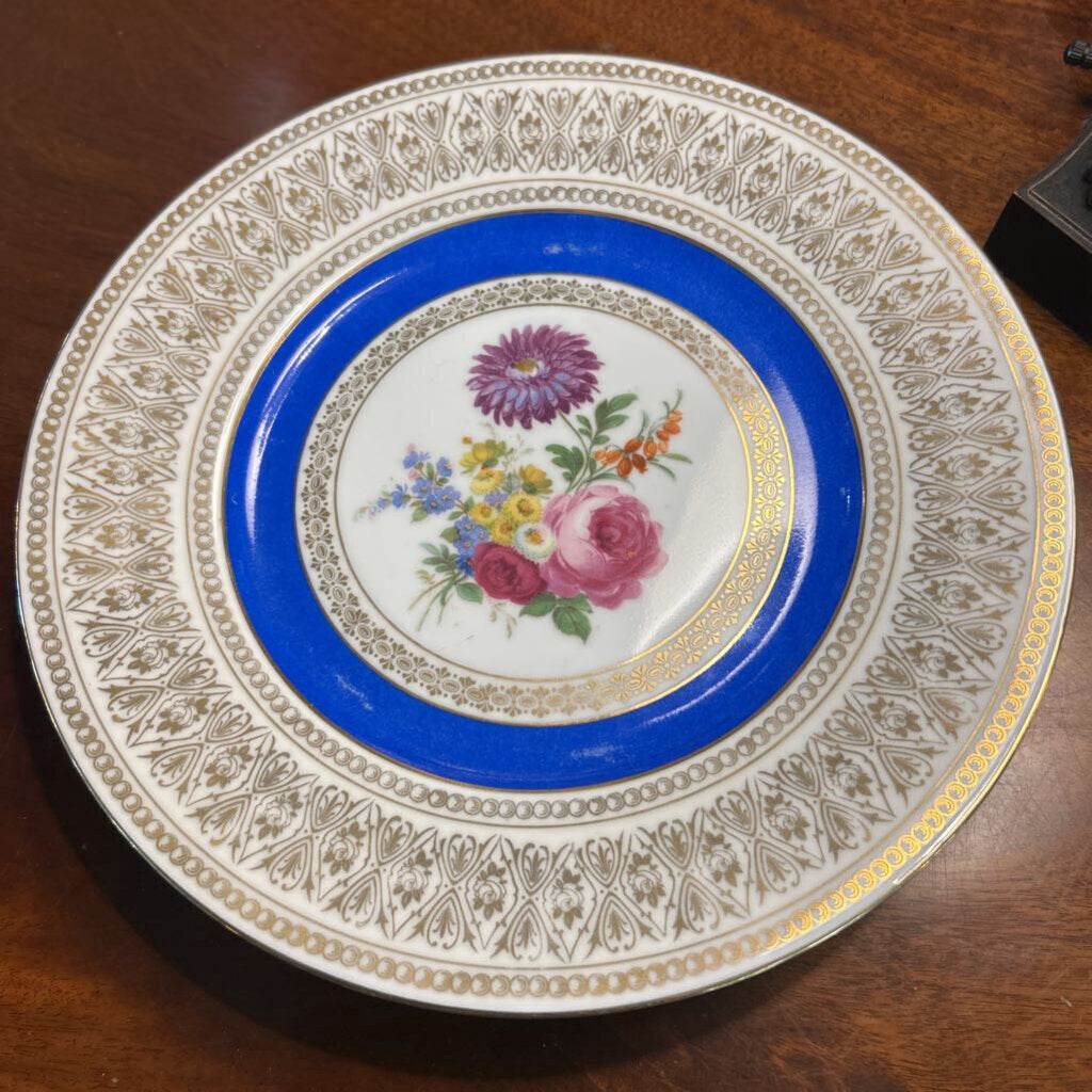 Vintage Crowned N, Czechoslovakia Cobalt Blue Encrusted Gold Floral Cabinet Plate 797.