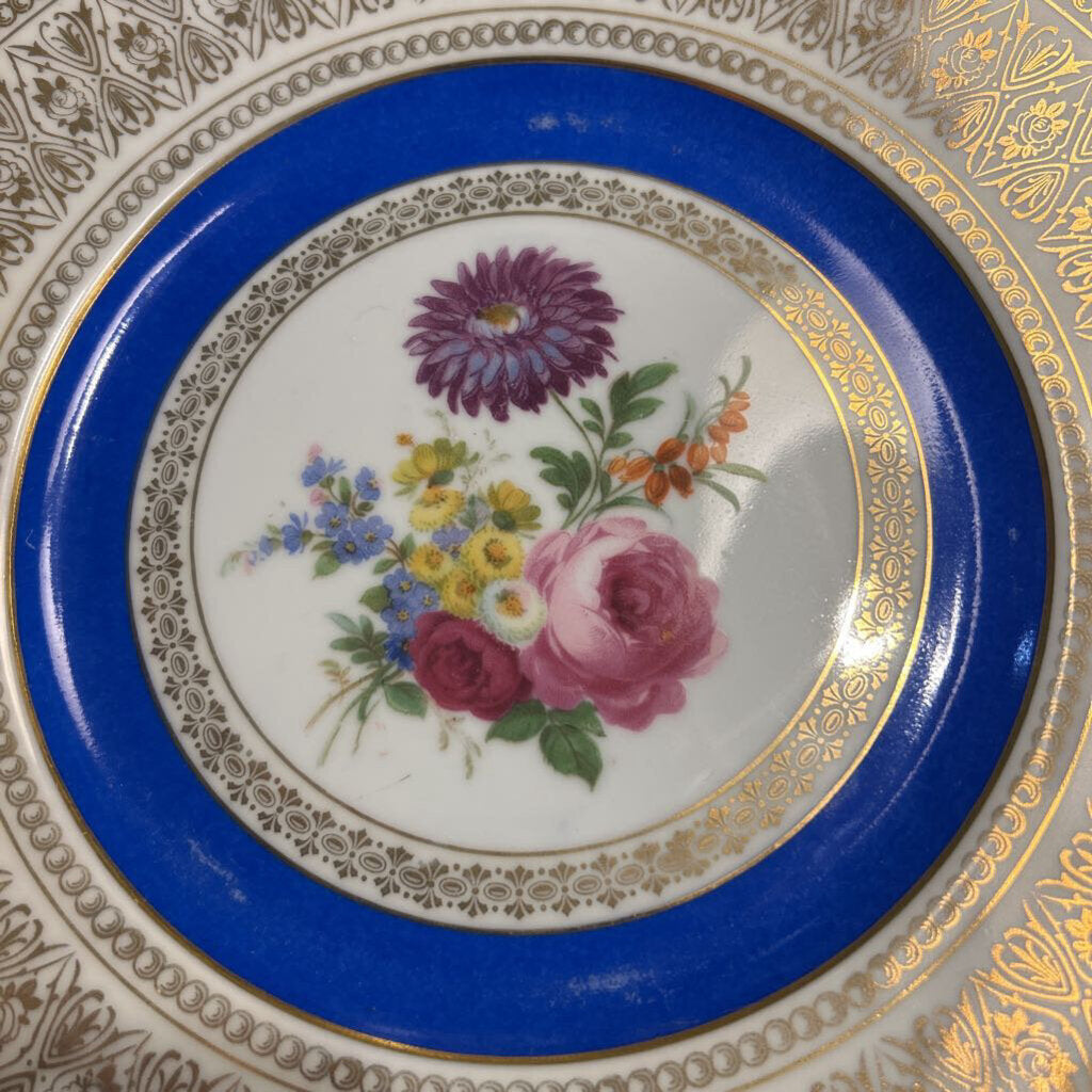 Vintage Crowned N, Czechoslovakia Cobalt Blue Encrusted Gold Floral Cabinet Plate 797.