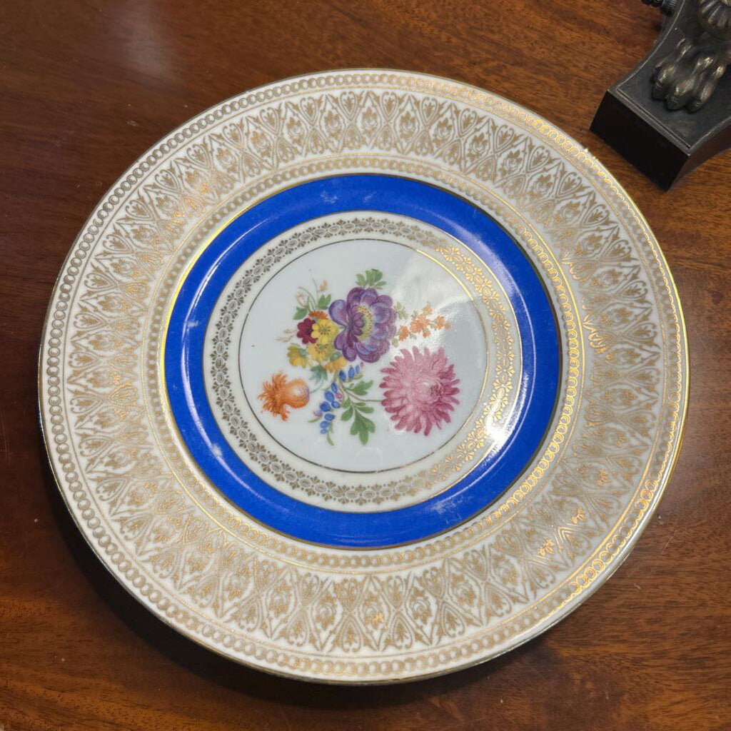 Vintage Crowned N, Czechoslovakia Cobalt Blue Encrusted Gold Floral Cabinet Plate 797.
