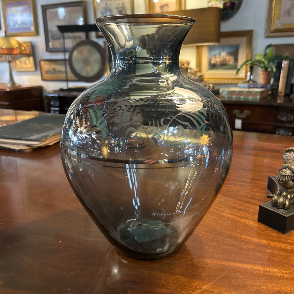 German Rauchglas (Smoked) Glass Vase, Pantograph-etched banner decoration . Engraved "Weihnachten (Christmas) 1949"