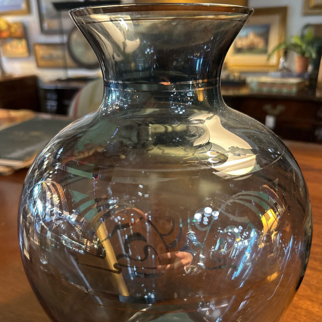 German Rauchglas (Smoked) Glass Vase, Pantograph-etched banner decoration . Engraved "Weihnachten (Christmas) 1949"
