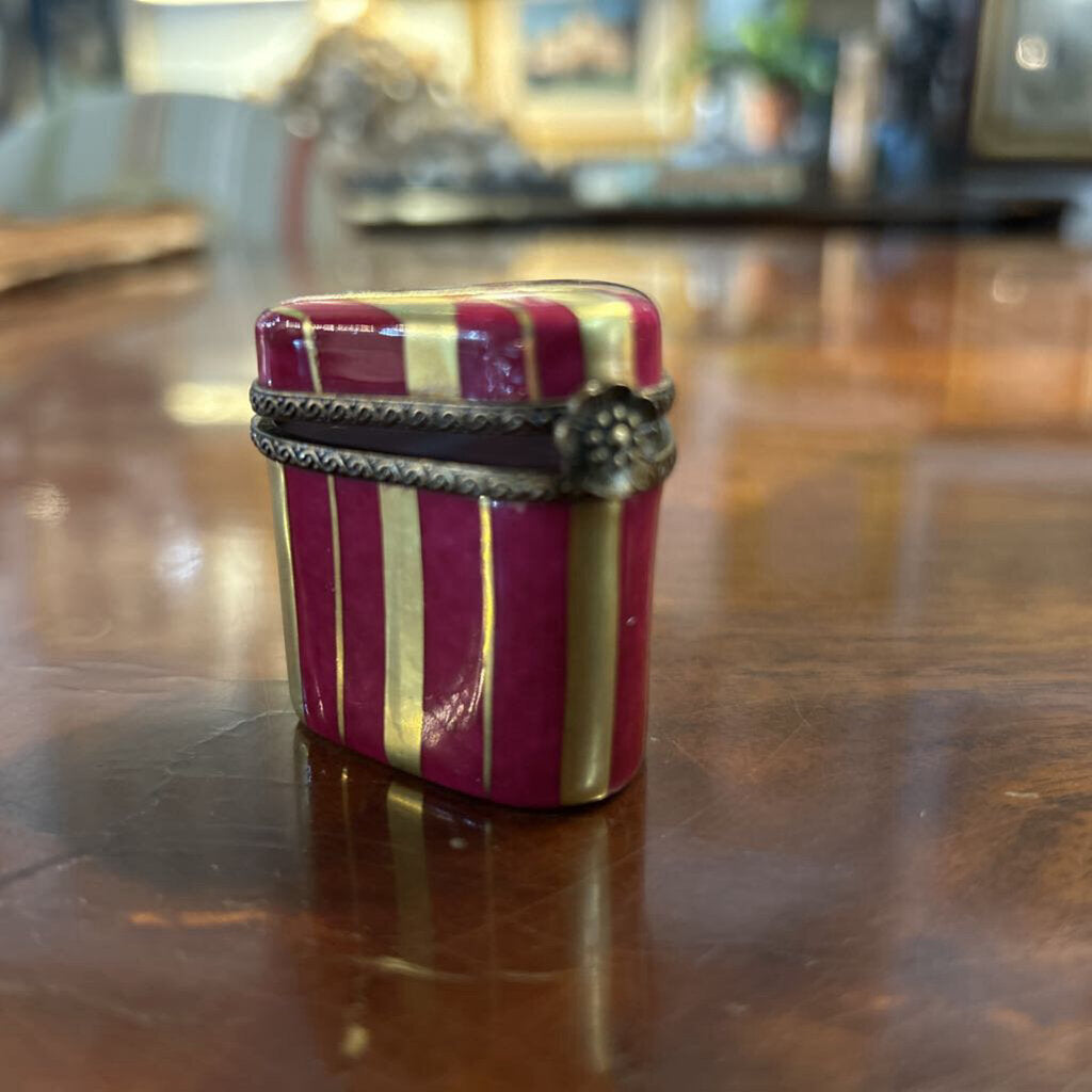Vintage Limoges France Hand Painted Porcelain Triangular Trinket Box, Pink/Gold Stripe.