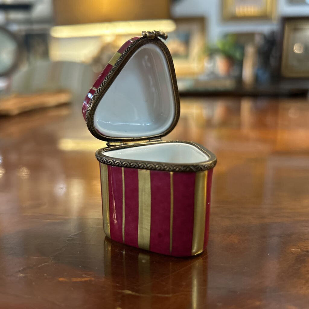 Vintage Limoges France Hand Painted Porcelain Triangular Trinket Box, Pink/Gold Stripe.