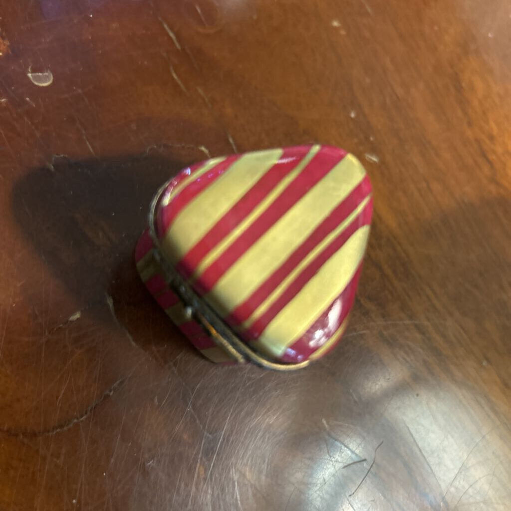 Vintage Limoges France Hand Painted Porcelain Triangular Trinket Box, Pink/Gold Stripe.