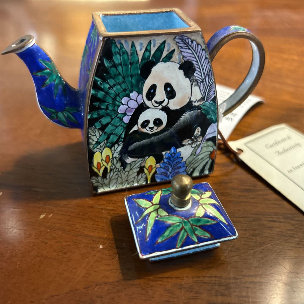 Vintage 1999 Kelvin Chen, Miniature Enamel Teapot Hand Painted Panda & Baby.