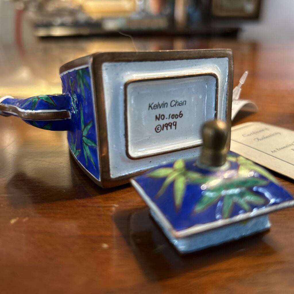 Vintage 1999 Kelvin Chen, Miniature Enamel Teapot Hand Painted Panda & Baby.