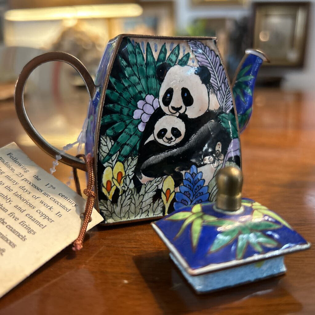 Vintage 1999 Kelvin Chen, Miniature Enamel Teapot Hand Painted Panda & Baby.