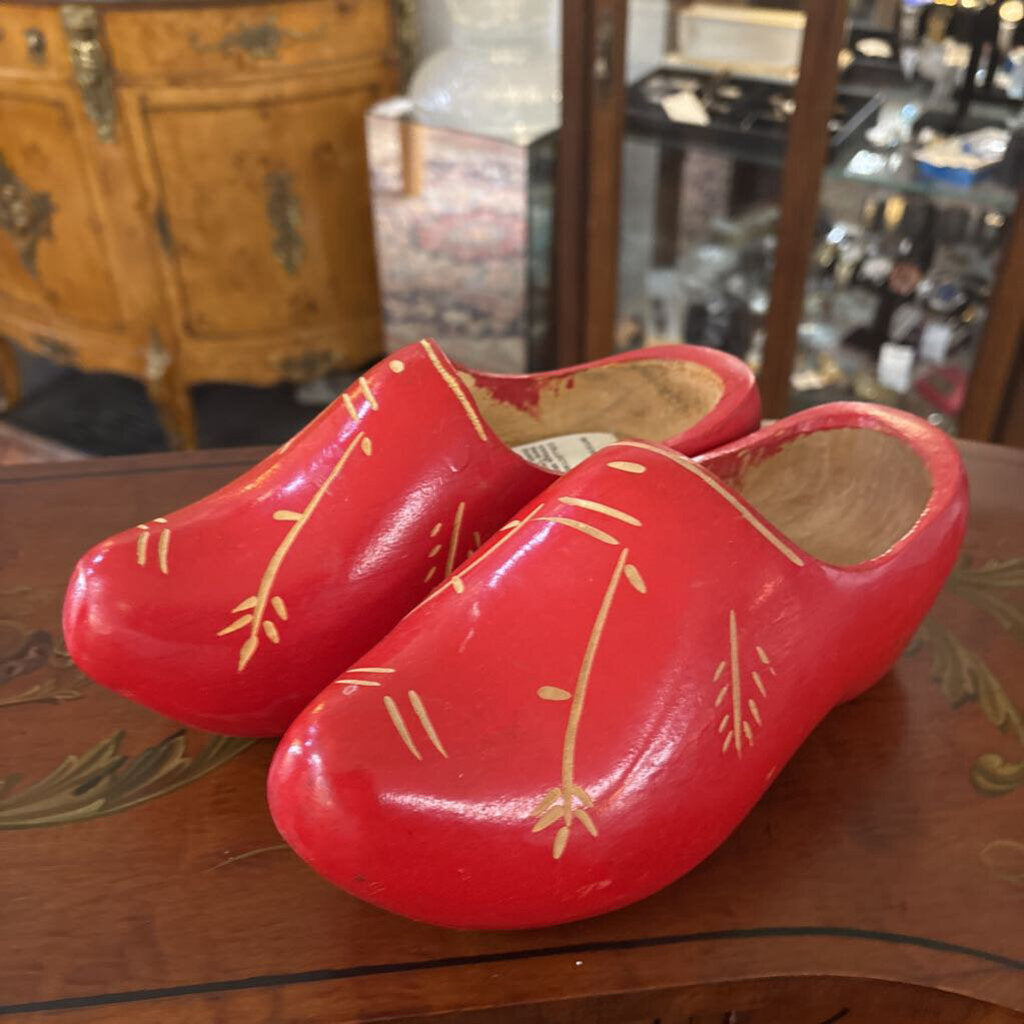 Vintage Mid Century Hand Carved Wooden Dutch Clogs; Red