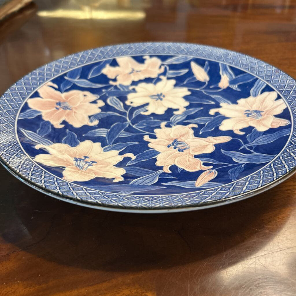 Vintage Sun Ceramics Japan Charger Plate/Platter, Cobalt Blue Pink Lily Flowers.