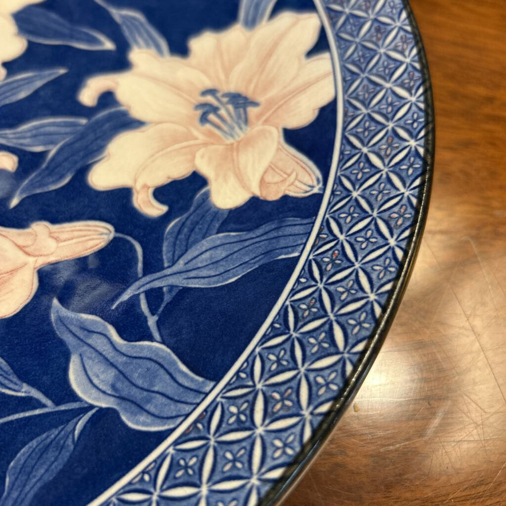 Vintage Sun Ceramics Japan Charger Plate/Platter, Cobalt Blue Pink Lily Flowers.
