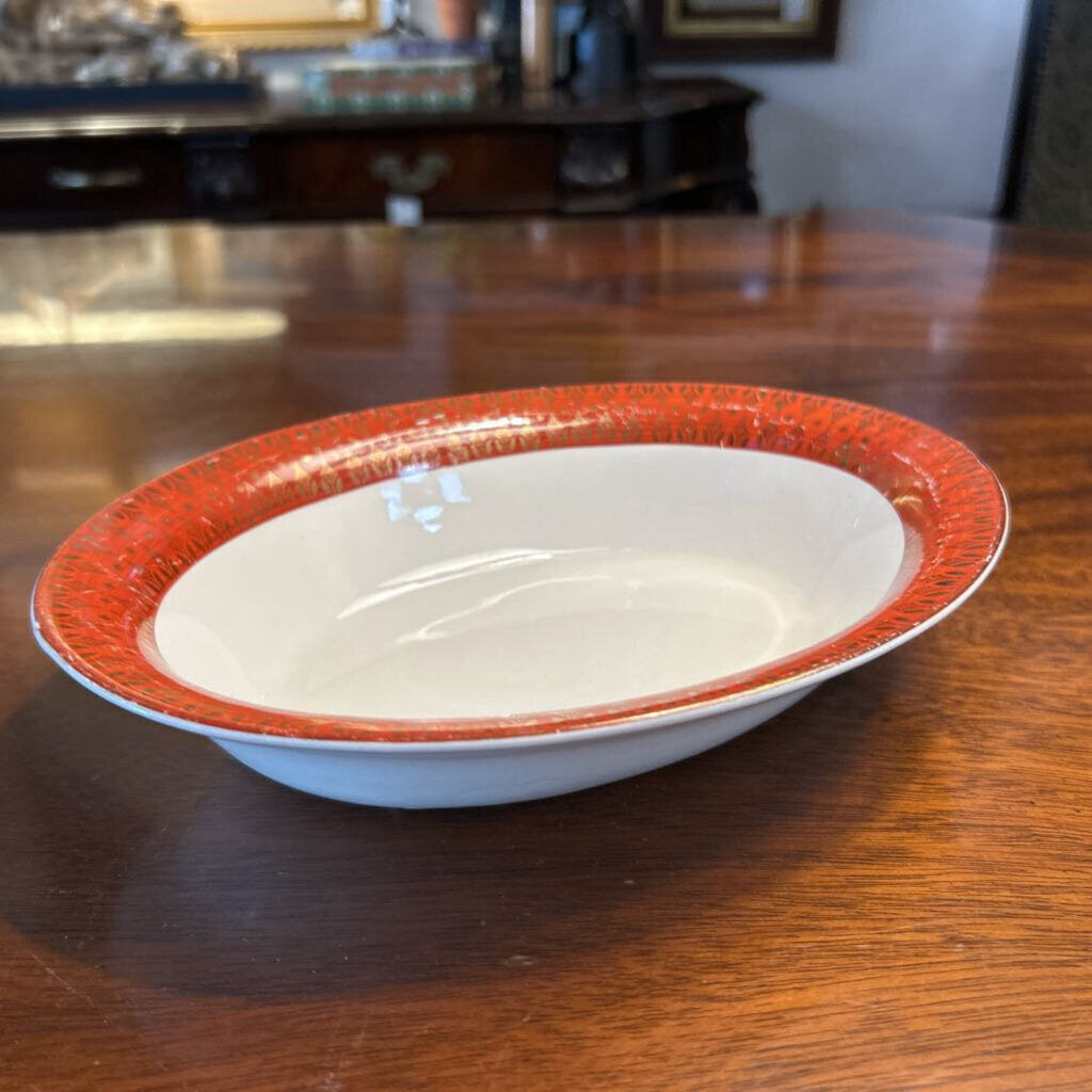 Vintage Cronin China Royal Rajah Maroon Oval Bowl, 22k Gold Filigree Minerva c.1940s
