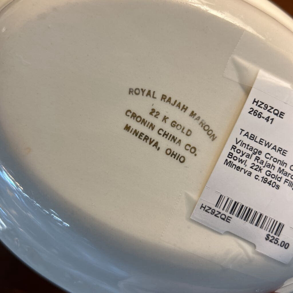 Vintage Cronin China Royal Rajah Maroon Oval Bowl, 22k Gold Filigree Minerva c.1940s
