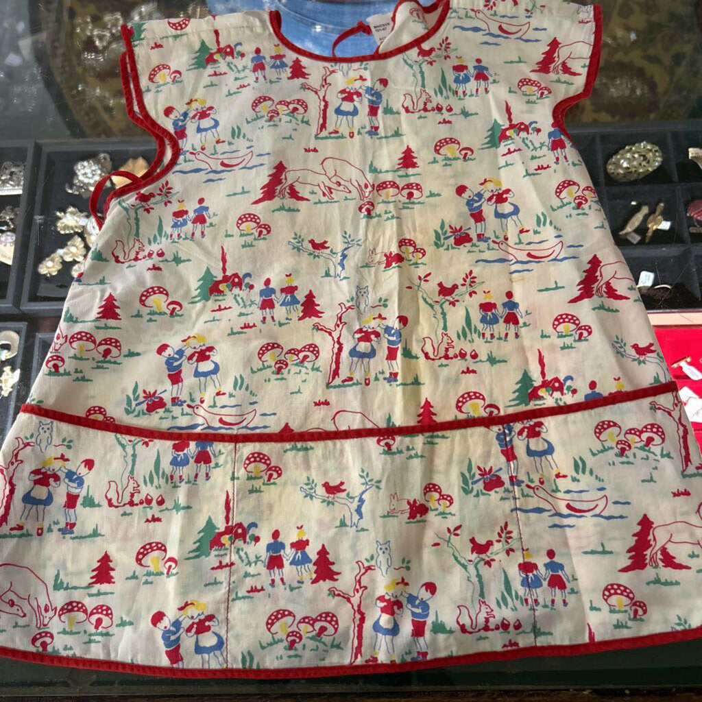 Children's 1940s Cross-Back Cobbler Apron, Mushroom/Deer Print/Children playing.