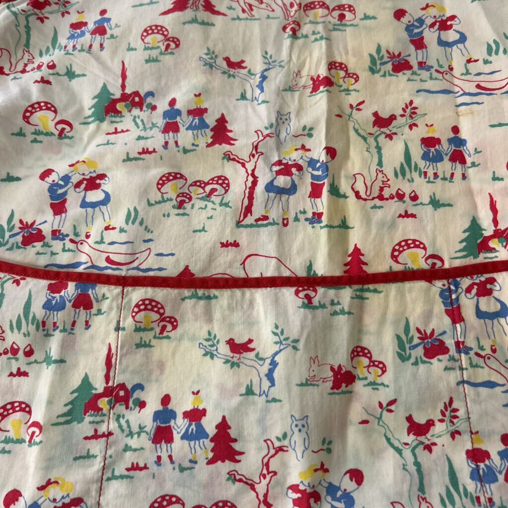 Children's 1940s Cross-Back Cobbler Apron, Mushroom/Deer Print/Children playing.