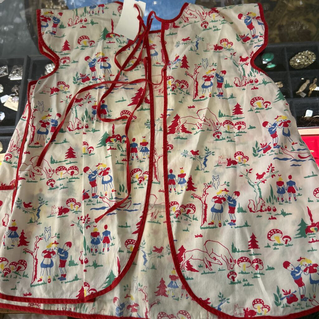 Children's 1940s Cross-Back Cobbler Apron, Mushroom/Deer Print/Children playing.