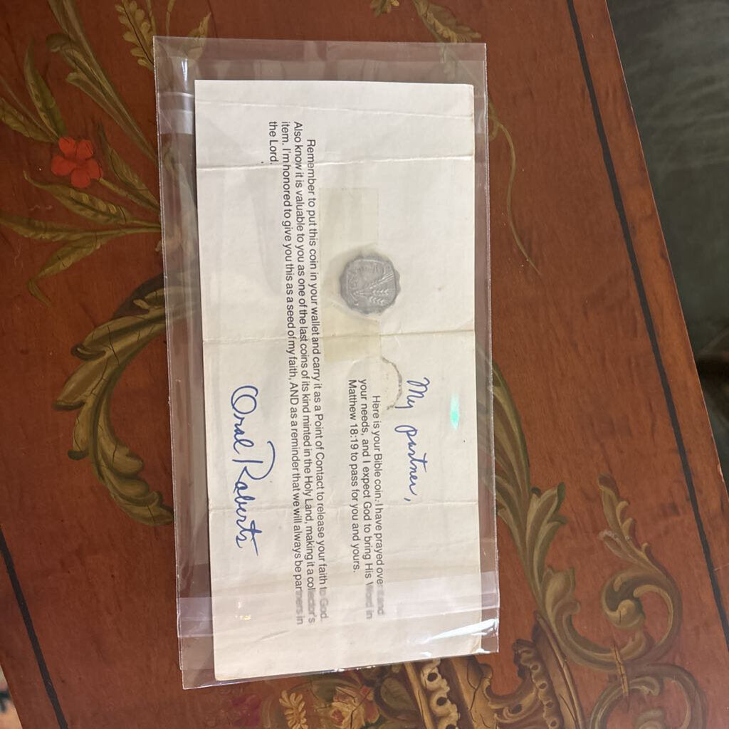 Oral Roberts "seed of faith" Prayer Coin and accompanying letter; circa 1970-71