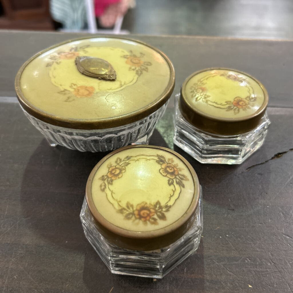 1930s Art Deco 3-Piece Glass Vanity Set Powder & Cream Dresser Jars Celluloid Floral Brass Lids.