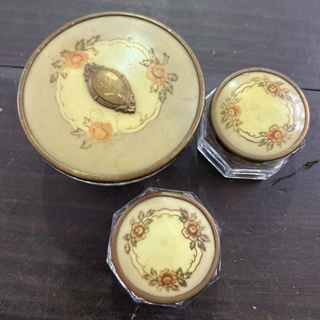 1930s Art Deco 3-Piece Glass Vanity Set Powder & Cream Dresser Jars Celluloid Floral Brass Lids.